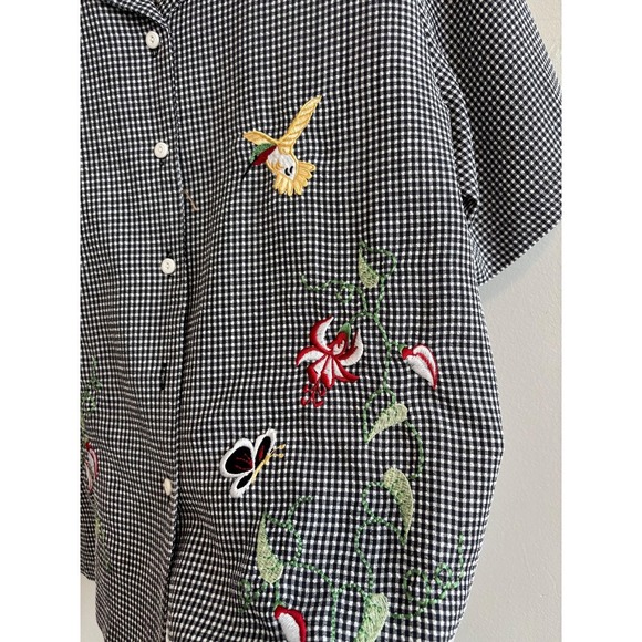 Vintage Embroidered Birds Butterfly Black Plaid Button Women Down Shirt - Large - Picture 3 of 7